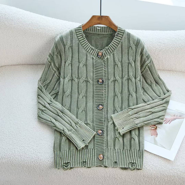 Damen Strickjacke mit strukturiertem Zopfmuster und eleganten Holzknöpfen WW