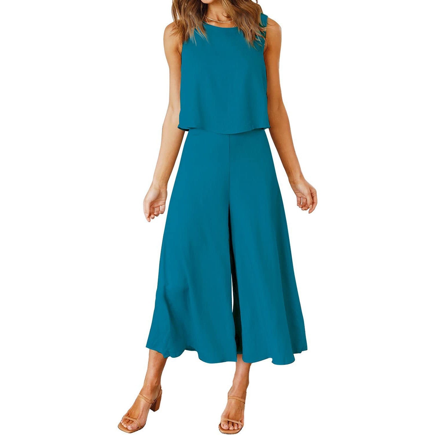 Damen Luftiger Jumpsuit mit schwingendem Bein und ärmellosem Design WW