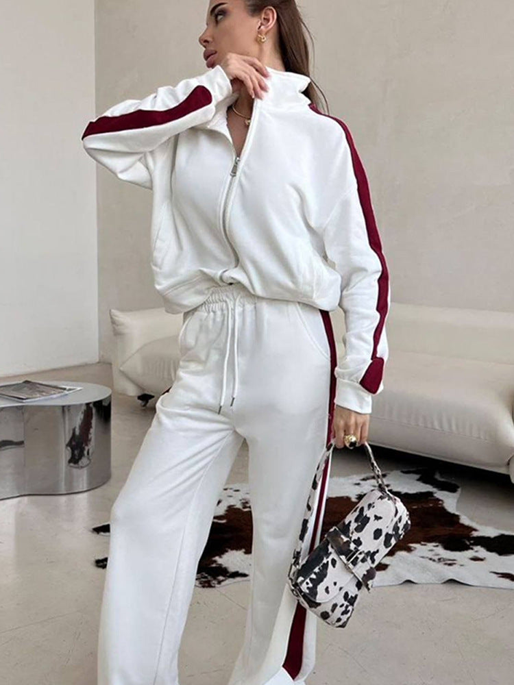 Damen sportliches Fleece-Anzug-Set mit mittellangem Reißverschluss und seitlichen Taschen WW