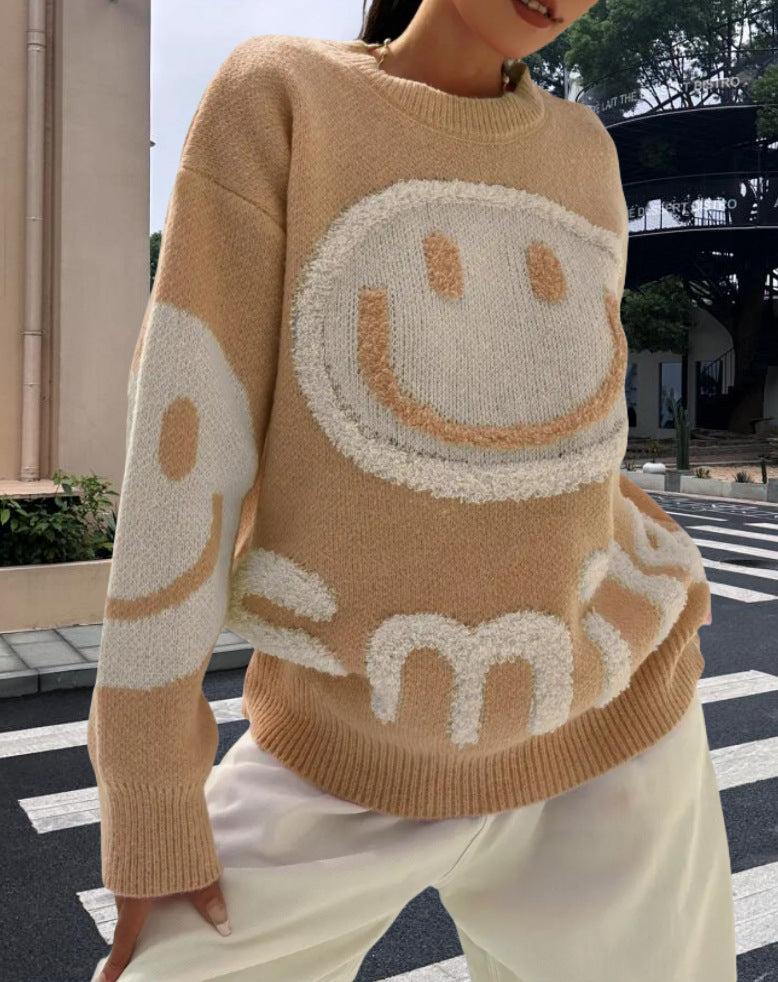 Damen Strickpullover mit fröhlichem Emoji-Motiv und komfortablem Schnitt WW