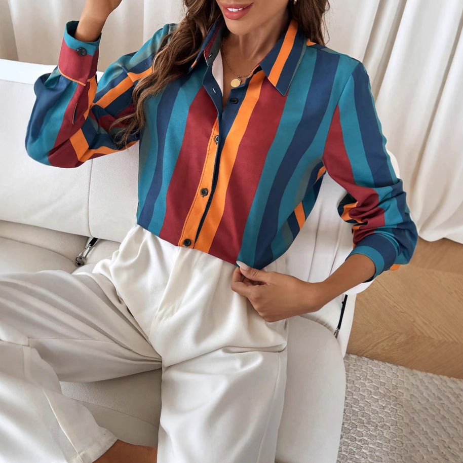 Damen Bluse mit farbenfrohem Streifenmuster und eleganter Knopfleiste WW