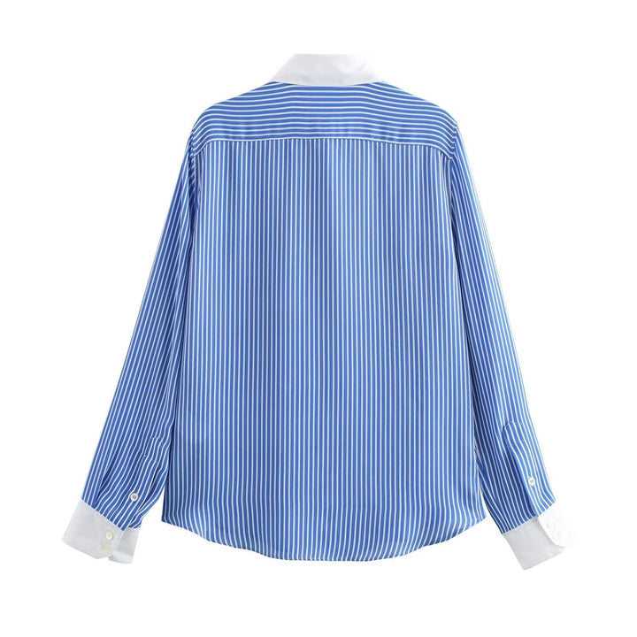 W&W Mode | Modische Blau Weiß Gestreifte Revers Vielseitige Bluse