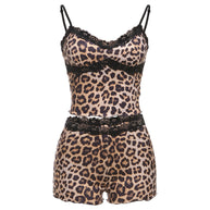 Damen Schlafanzug-Set mit Spitzenakzenten und Leo-Print WW