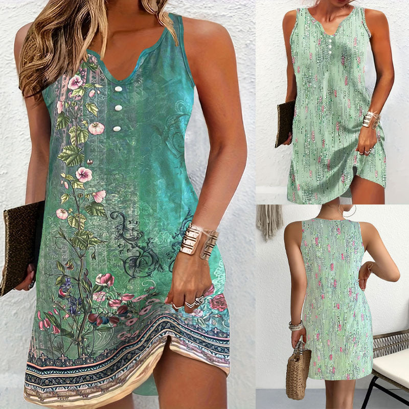 Damen ärmelloses Blusenkleid mit floralem Design und modischen Knopfdetails WW