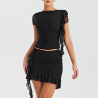 Damen Crop-Top und Minirock mit asymmetrischem Saum und Rüschendetails W&W