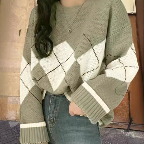 Damen Grobstrickpullover mit modernen Rautenmustern und weitem Schnitt W&W Mode