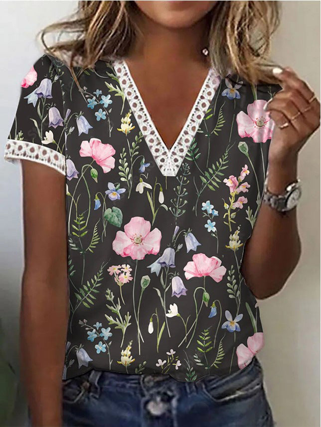 W&W Mode | Elegantes T-Shirt Mit Kurzen Ärmeln Und V-Ausschnitt Print Für Damen