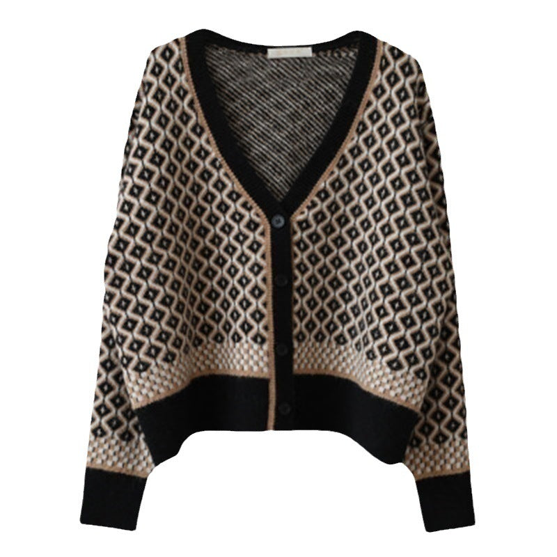 Damen Strickjacke mit geometrischem Design und Knopfverschluss WW