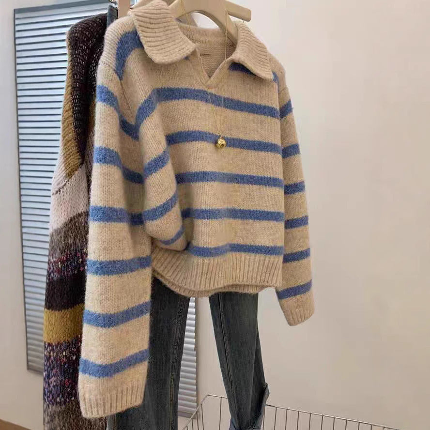 Damen Strickpullover mit V-Ausschnitt und strukturiertem Streifenmuster WW
