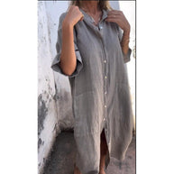 WW | Lässiges Baumwoll-Leinen Shirtkleid mit dreiviertelärmeln