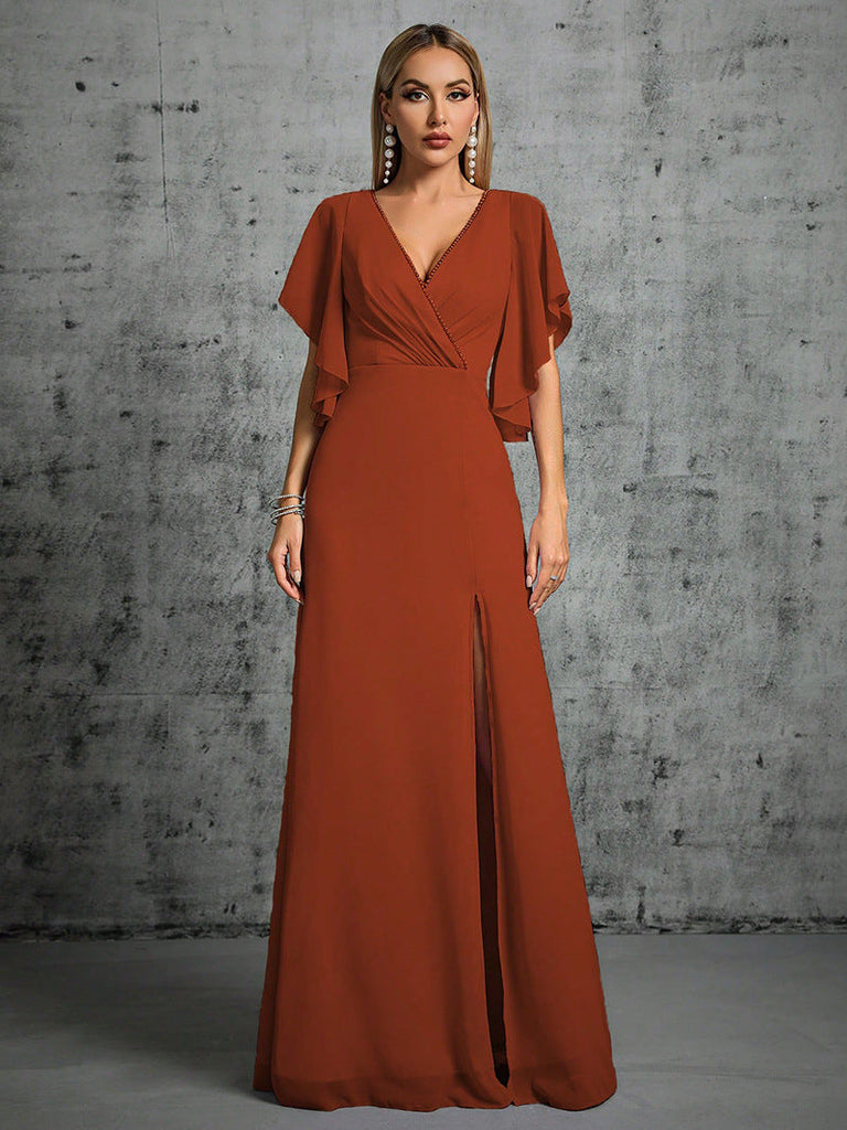 WW | Abendkleid V-Ausschnitt Einfach Einfarbig Kleid Cocktail Jährliches Treffen Brautjungfernkleid Sommer