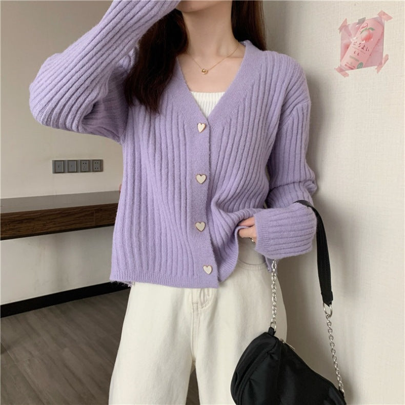 Damen Rippenstrick Cardigan mit herzförmigen Knöpfen WW