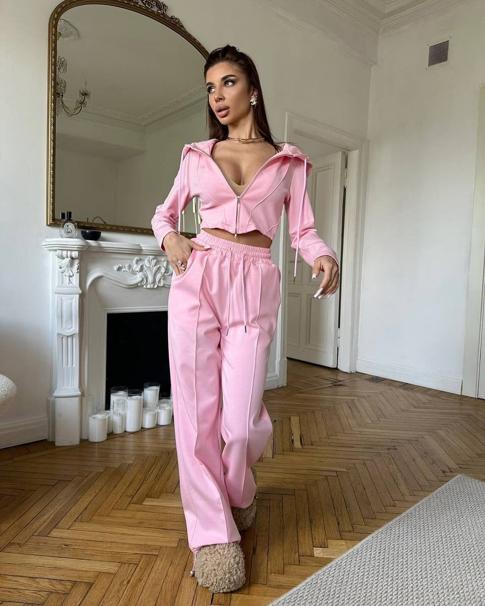 Damen sportliches Zweiteiler-Set mit hochgeschlossener Kapuzenjacke und weitem Hosen WW