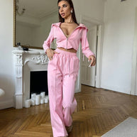 Damen sportliches Zweiteiler-Set mit hochgeschlossener Kapuzenjacke und weitem Hosen WW