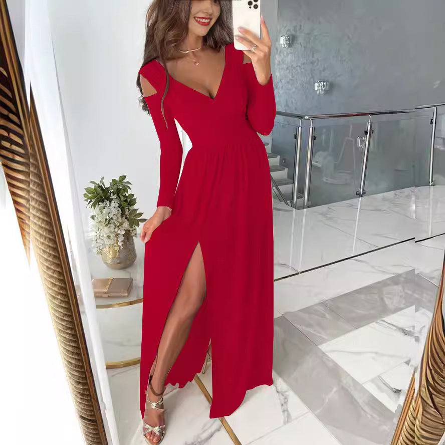Damen elegantes Maxikleid mit tiefem V-Ausschnitt und seitlichem Schlitz