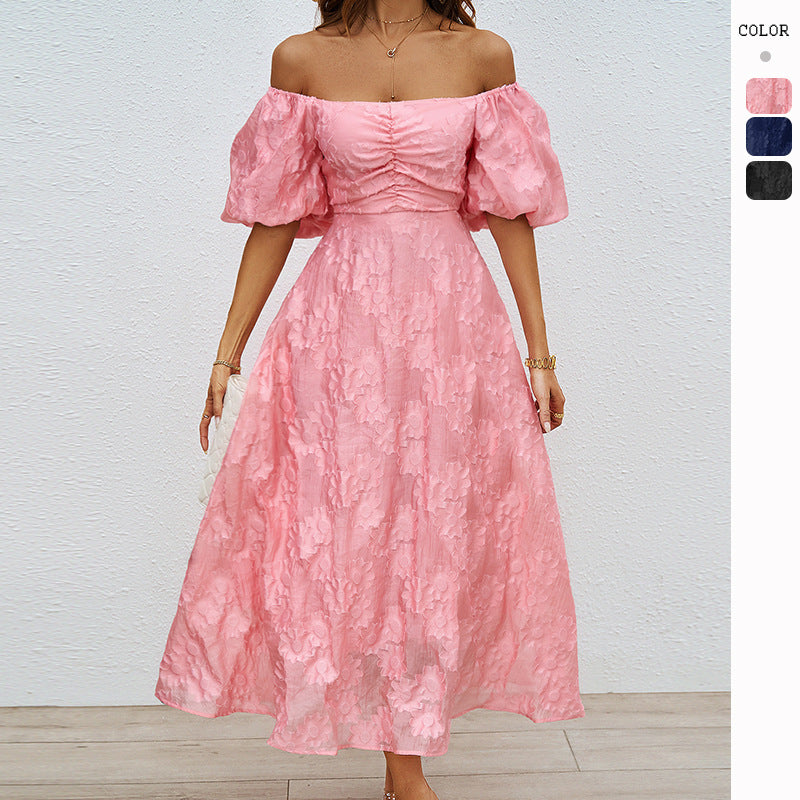 Damen elegantes Maxi-Kleid mit floralem Relief und schulterfreiem Design WW