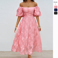 Damen elegantes Maxi-Kleid mit floralem Relief und schulterfreiem Design WW