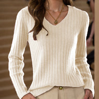 Damen Strickpullover mit V-Ausschnitt und feinem Rippenstrickdesign WW