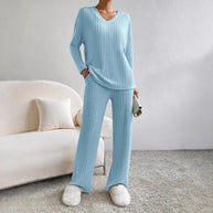 Damen Strick-Loungewear Set mit Rippenstruktur und V-Ausschnitt WW