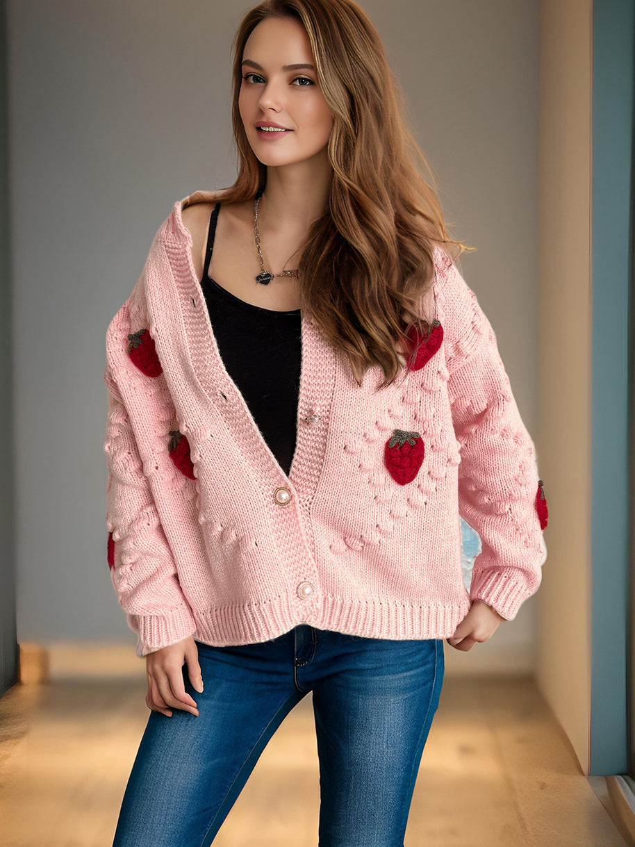 Damen Strickjacke mit verspieltem Erdbeermotiv und Knopfdetails WW
