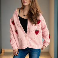 Damen Strickjacke mit verspieltem Erdbeermotiv und Knopfdetails WW