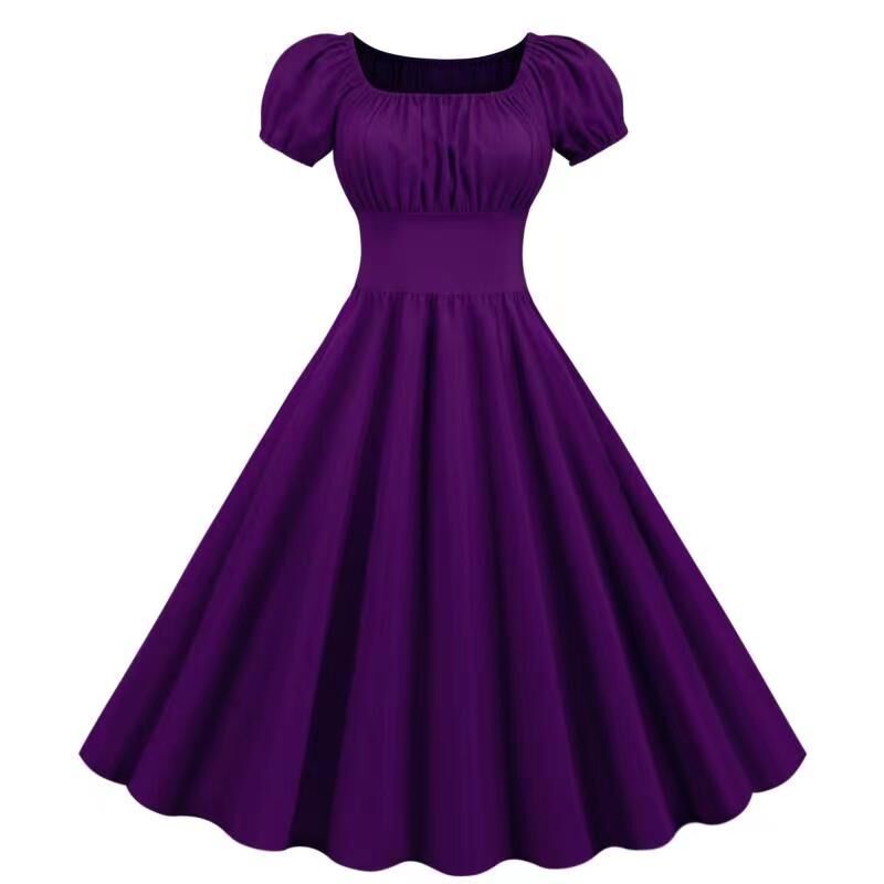 Damen Vintage Kleid mit Puffärmeln und schwingendem Rock WW