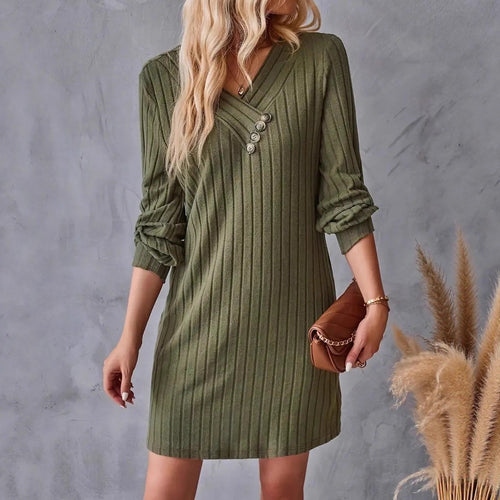 Damen Röhrenkleid mit elegantem V-Ausschnitt und dekorativen Knöpfen WW