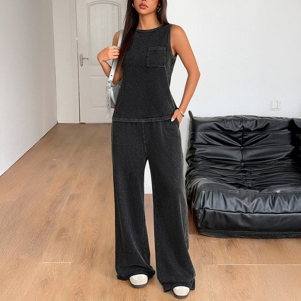 Damen Bequemes Freizeit-Set mit weit geschnittenen Hosen und ärmellosem Oberteil WW