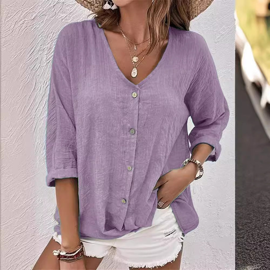 Damen lässige Bluse mit Knopfleiste und V-Ausschnitt WW
