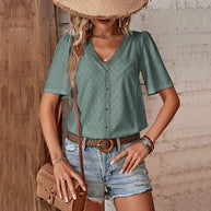 Damen Bluse mit dekorativem Lochmuster und elegantem V-Ausschnitt WW
