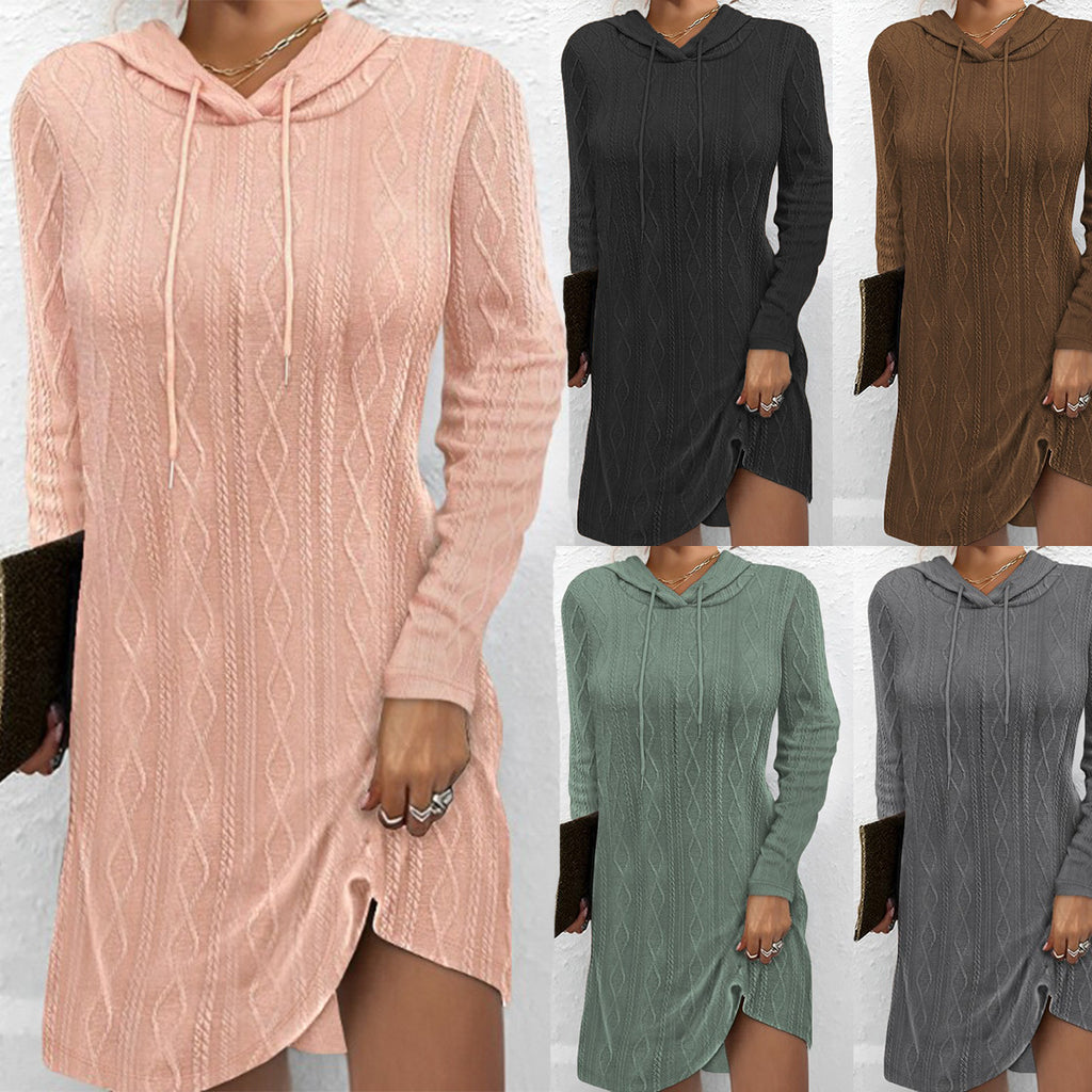 Damen Kapuzenkleid mit strukturiertem Strickmuster und seitlichem Schlitz WW