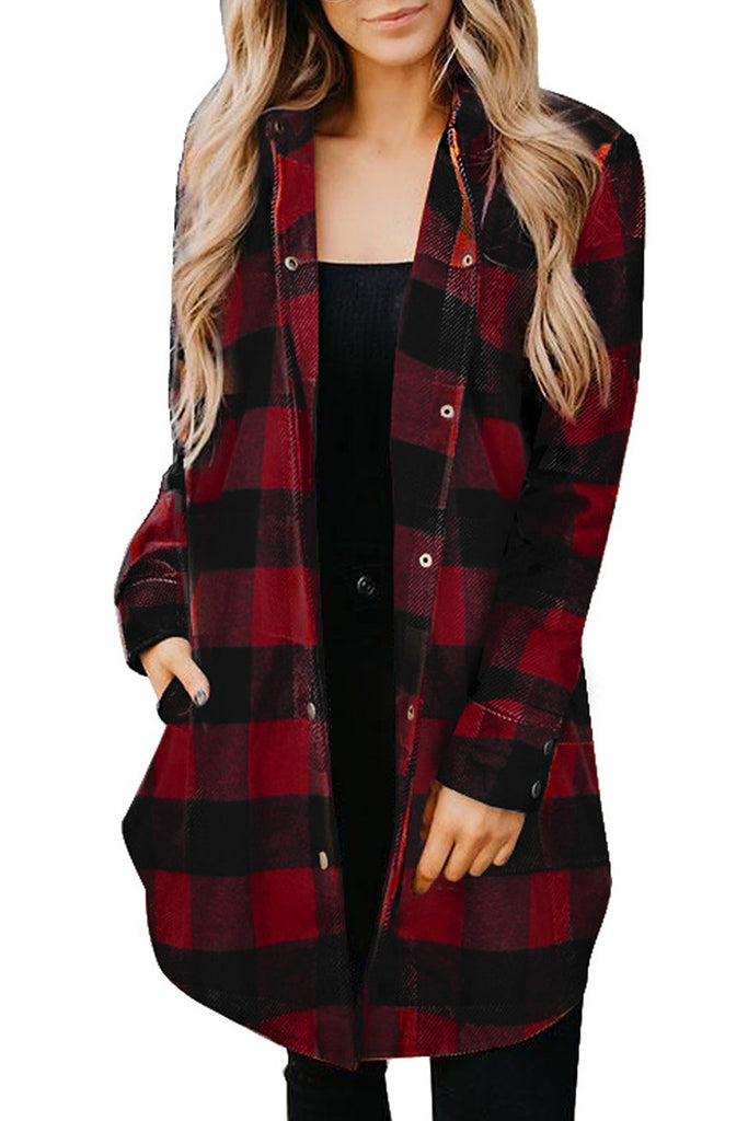 Damen lässige Longbluse im Karo-Design mit Knopfleiste WW