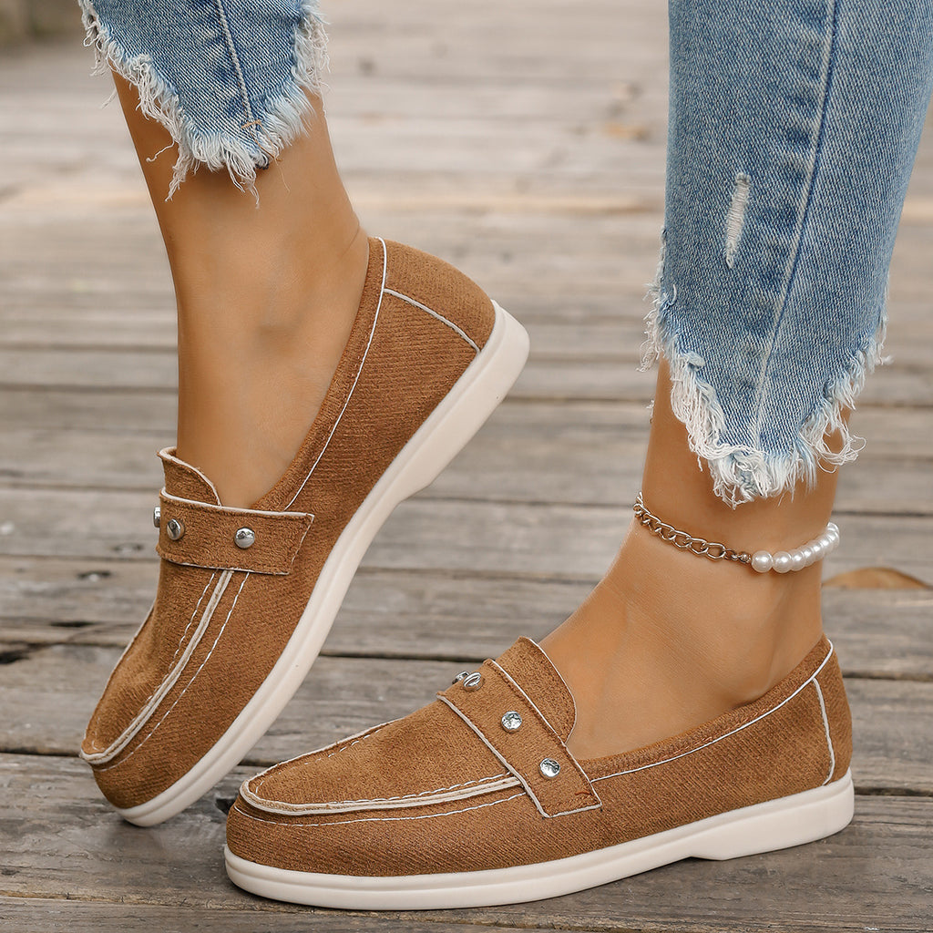 Damen Slip-On Mokassins mit modischem Textilobermaterial und dekorativen Ziersteinen WW