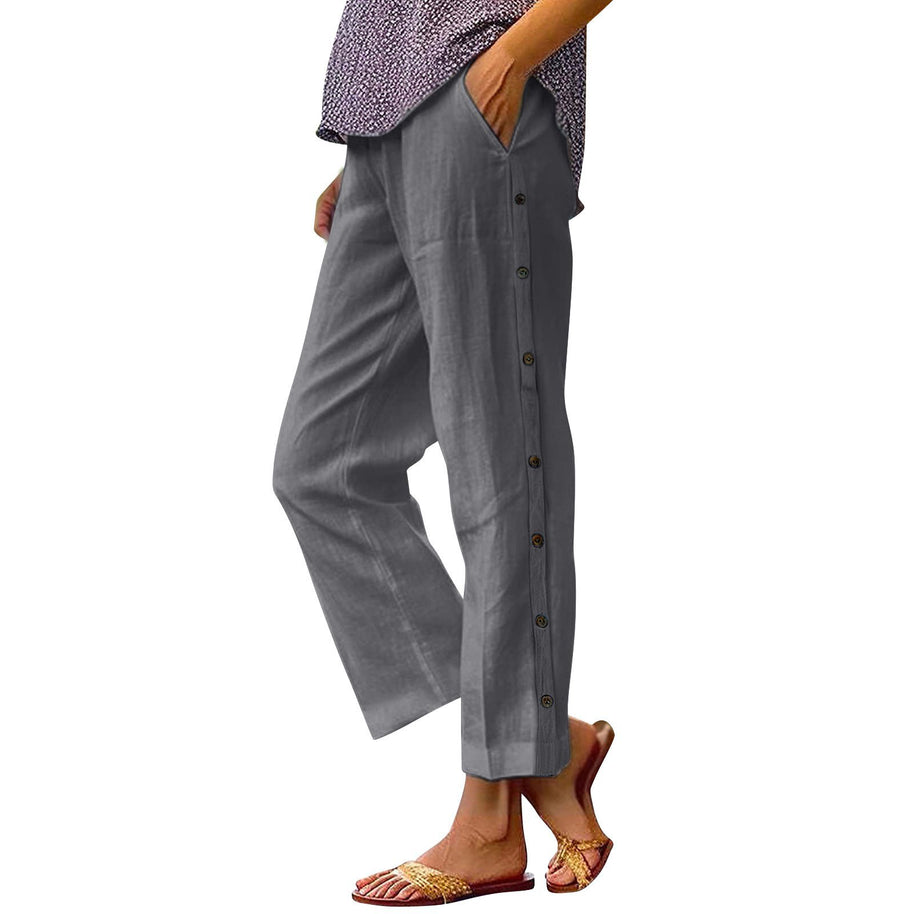 Damen Bequeme Leinenhose mit Knopfdetails WW