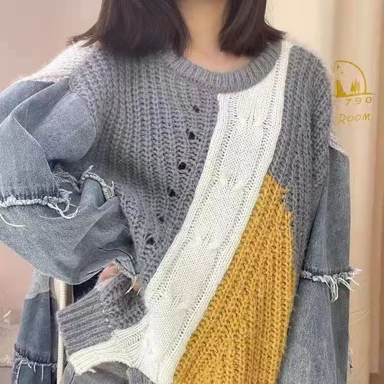 WW | Patchwork-Pullover mit Denim-Ärmeln