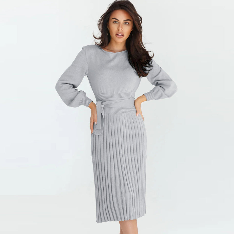 Damen Strickkleid mit taillierbarem Gürtel und langen Ärmeln WW