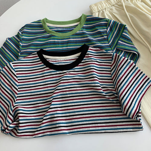 Damen Bequem Gestreiftes Kurzarm-T-Shirt Set WW