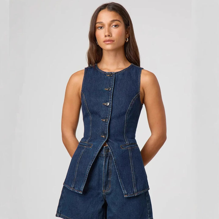 Damen Jeansweste mit tailliertem Schnitt und Knopfdetails W&W Mode