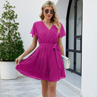 WW Damen V-Ausschnitt Plissee Rock Schnürung Chiffon Kurzarm Kleid