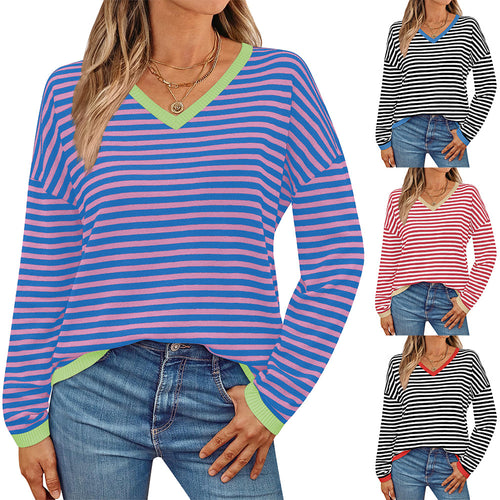 Damen lässiger Pullover mit niedrigem V-Ausschnitt und buntem Streifenmuster WW