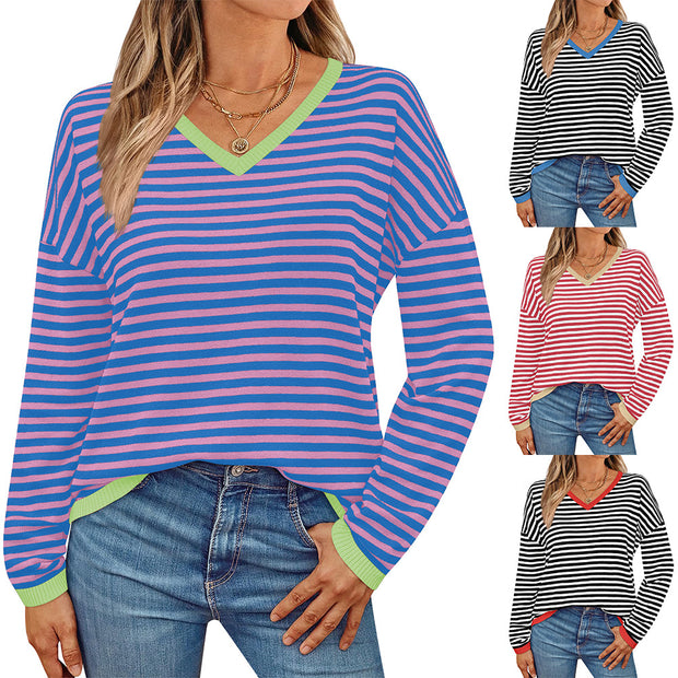Damen lässiger Pullover mit niedrigem V-Ausschnitt und buntem Streifenmuster WW