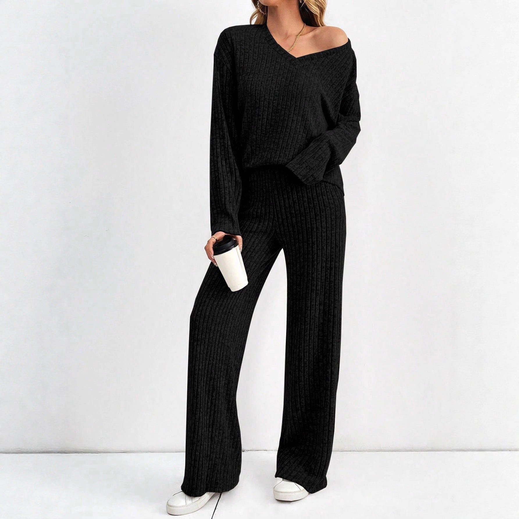 Damen bequemes Lounge-Set mit V-Ausschnitt und weitem Schnitt WW