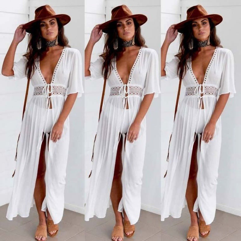 Damen Strandüberwurf mit tiefem V-Ausschnitt und exquisiten Ausschnittdetails W&W Mode