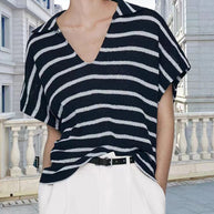 Damen Strickoberteil mit elegantem Kragen und modischem Streifenmuster WW