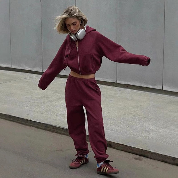 Damen Sportliches Hoodie-Set mit hohem Kragen und bequemen Hosen WW