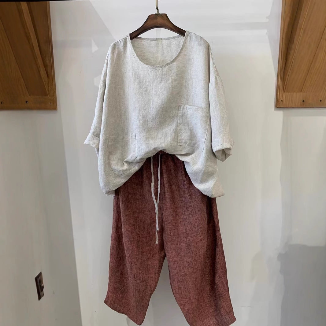 Damen Relaxed Fit Leinen Tunika mit aufgesetzten Taschen WW