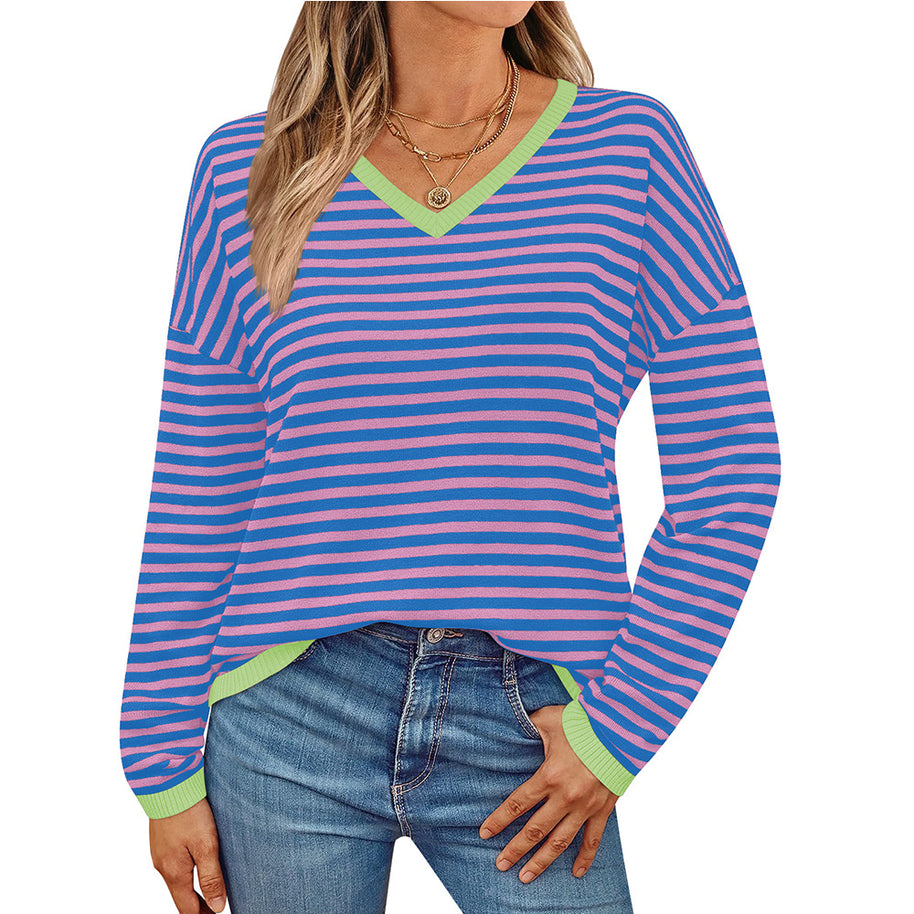 Damen lässiger Pullover mit niedrigem V-Ausschnitt und buntem Streifenmuster WW