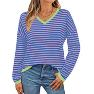 Damen lässiger Pullover mit niedrigem V-Ausschnitt und buntem Streifenmuster WW
