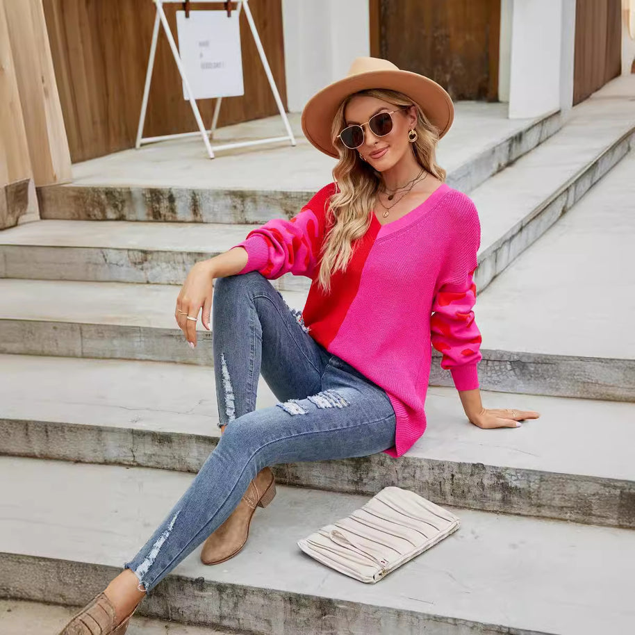 Damen farbenfroher Pullover im modischen Blockfarben-Design mit Leopardenmuster WW
