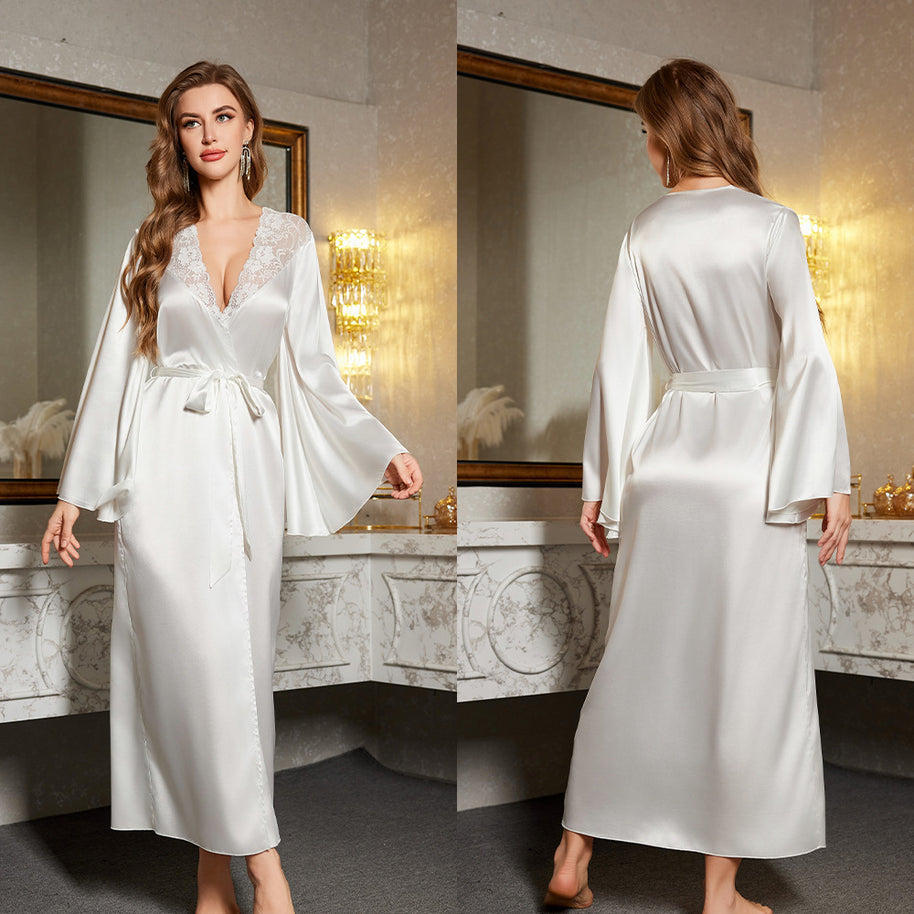 Damen Satin Kimono-Robe mit eleganten Spitzenverzierungen und weitem Schnitt WW